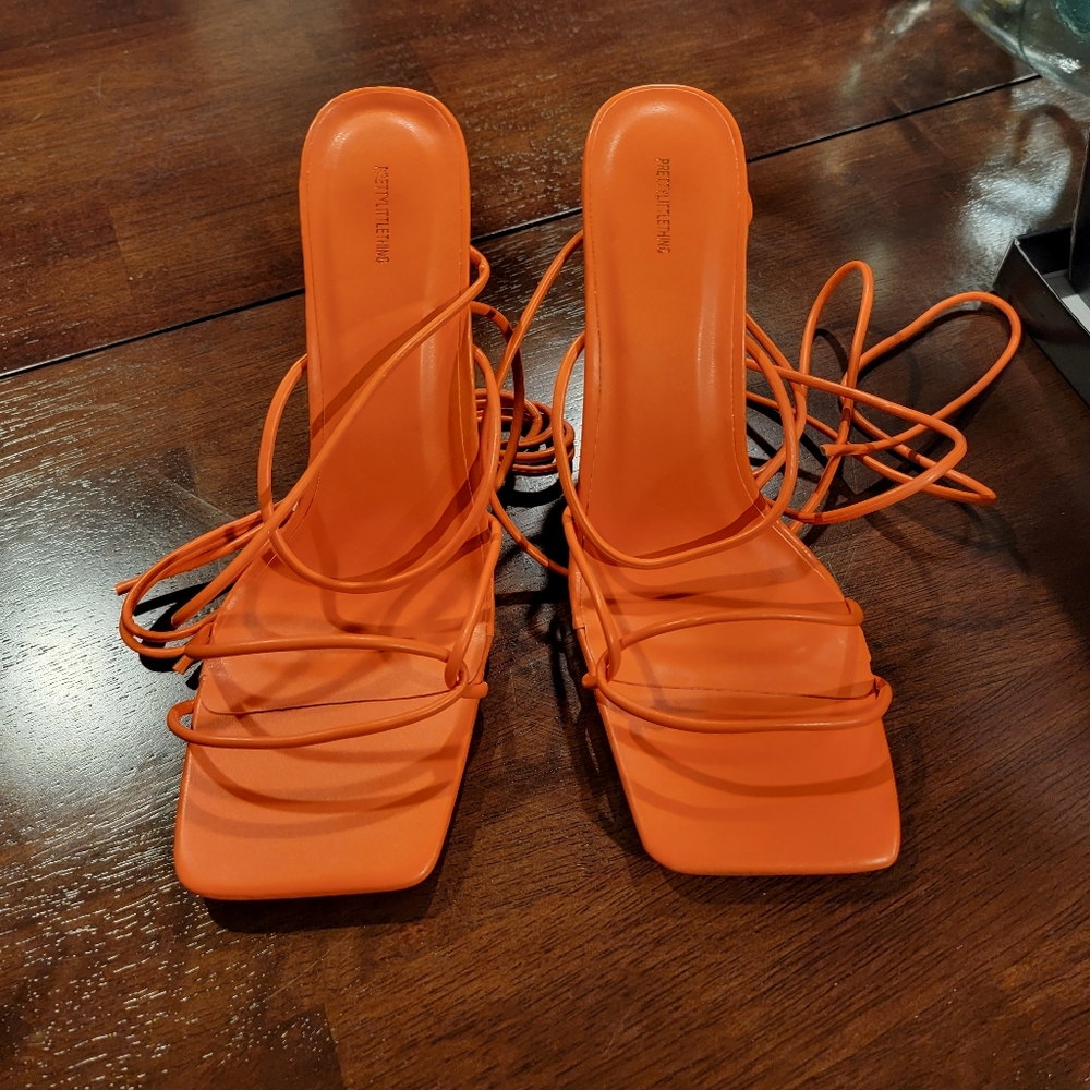 Pretty Little Thing Orange Strappy Wide Fit Heel